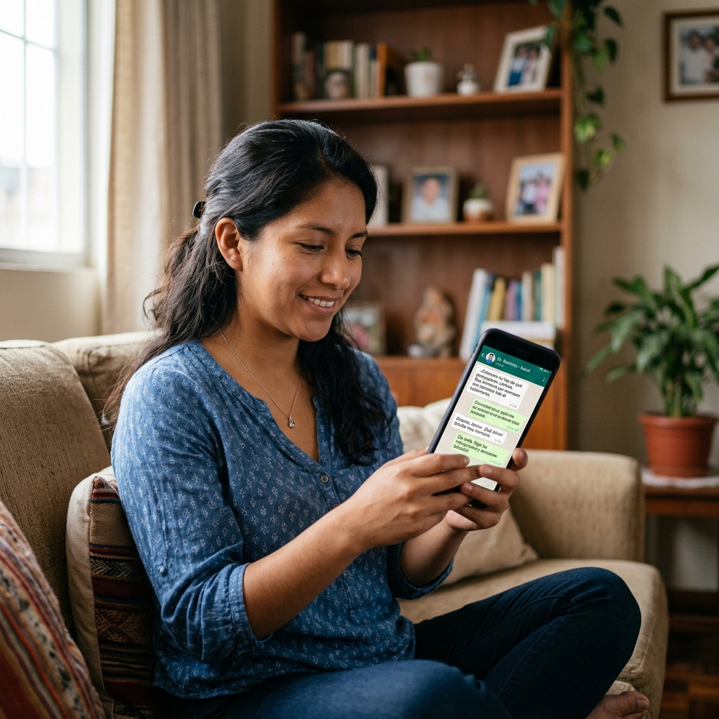 Paciente peruana usando WhatsApp para consulta de síntomas desde su hogar