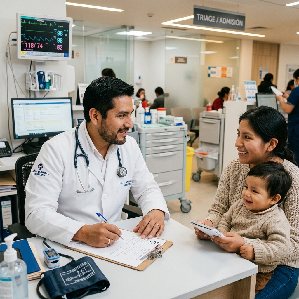 Doctor peruano realizando diagnóstico y receta directamente en triaje