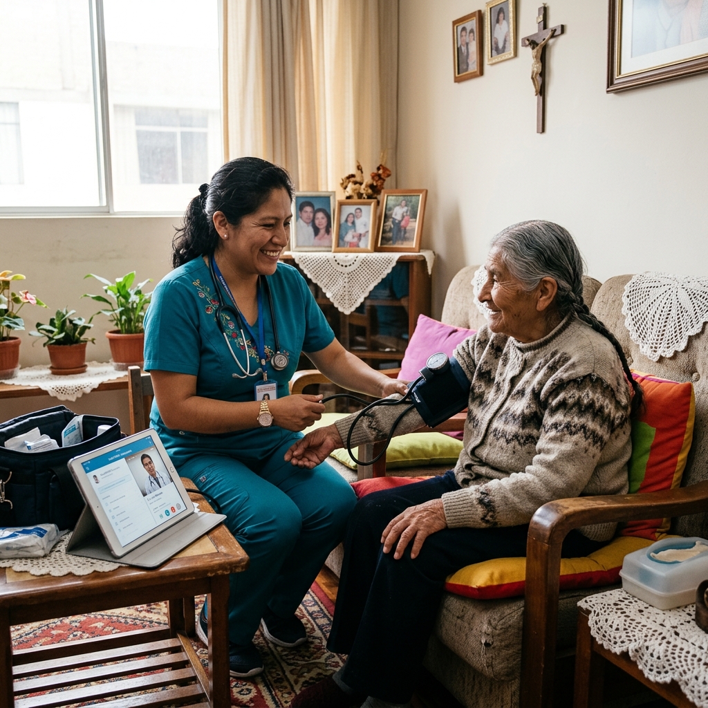 Enfermera peruana visitando paciente crónico en su hogar para control de presión arterial