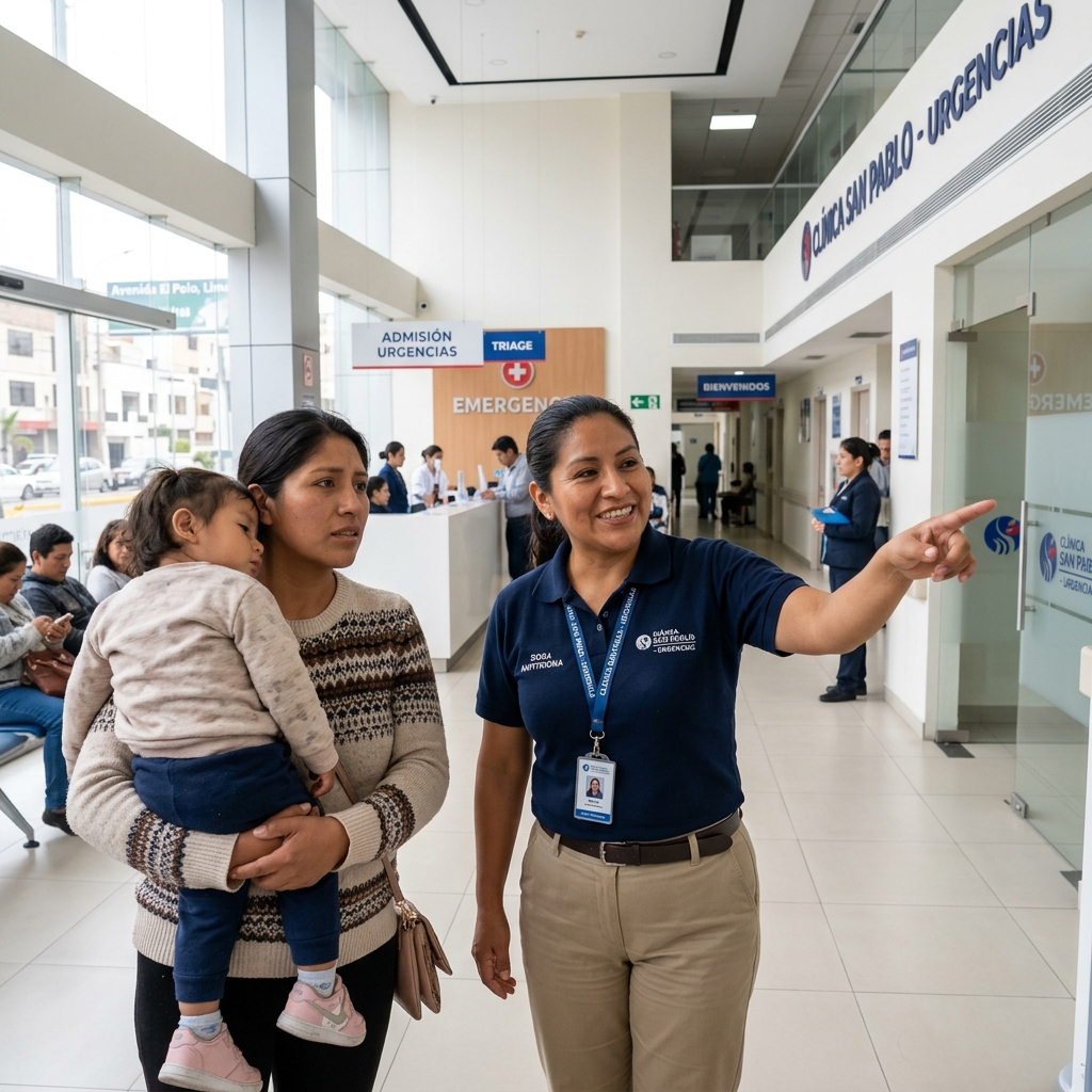 Anfitriona de clínica peruana guiando a familia en la entrada de emergencias