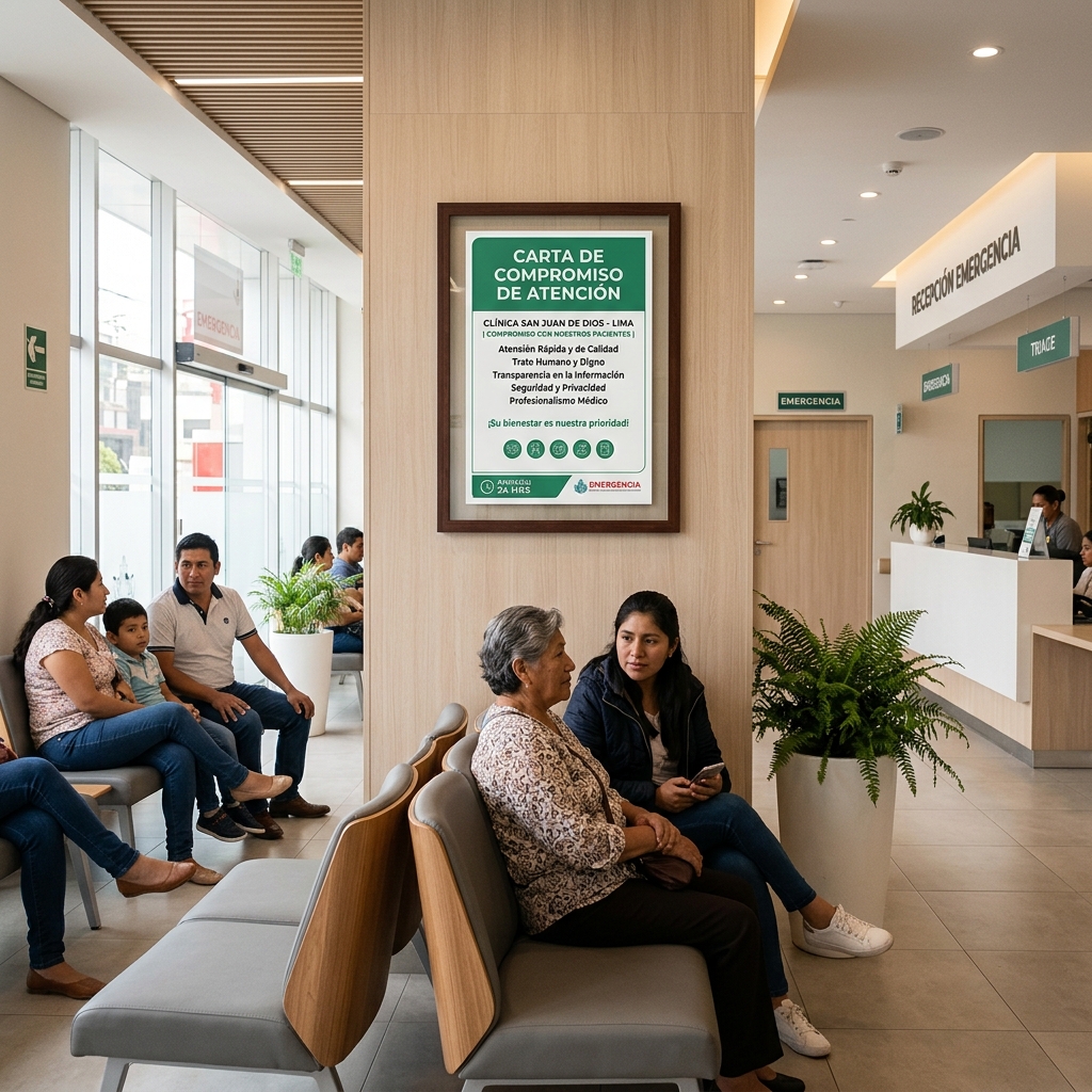 Carta de compromiso exhibida en la sala de espera de clínica peruana