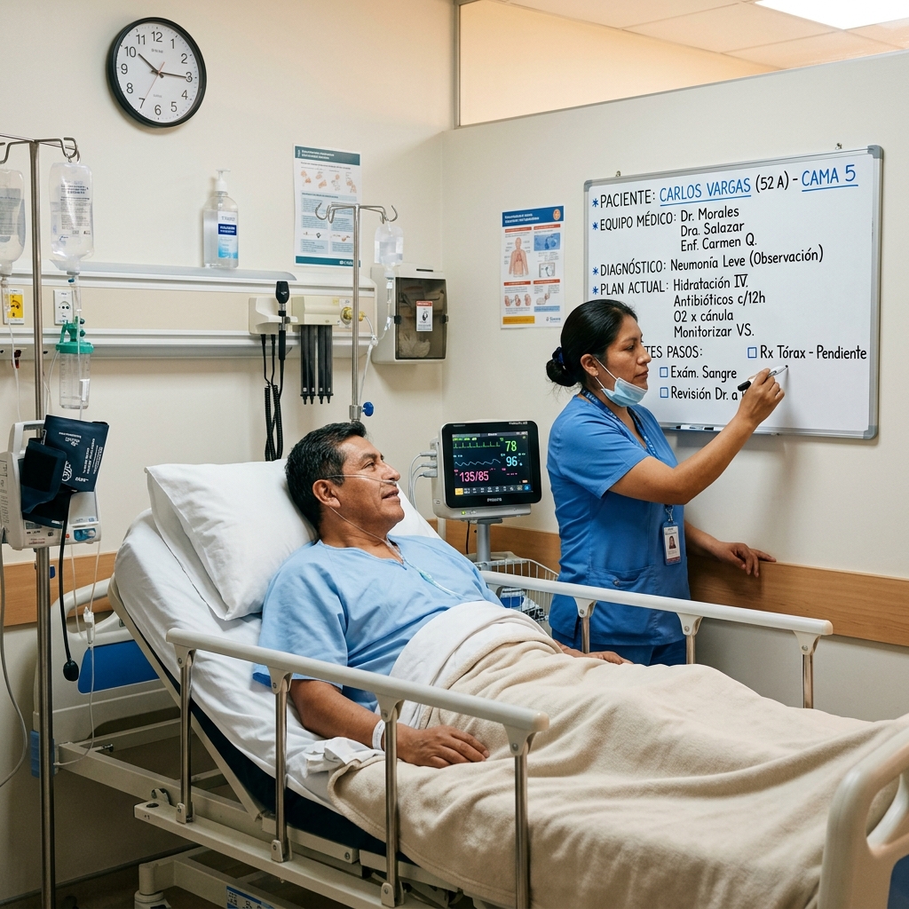 Enfermera peruana actualizando pizarra de cuidado en box de emergencia