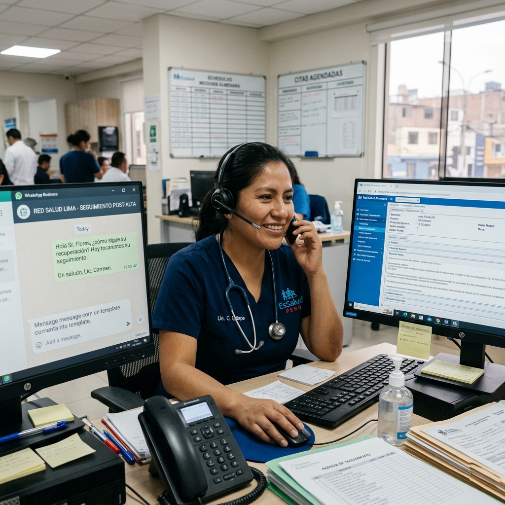 Enfermera peruana realizando llamada de seguimiento post-alta