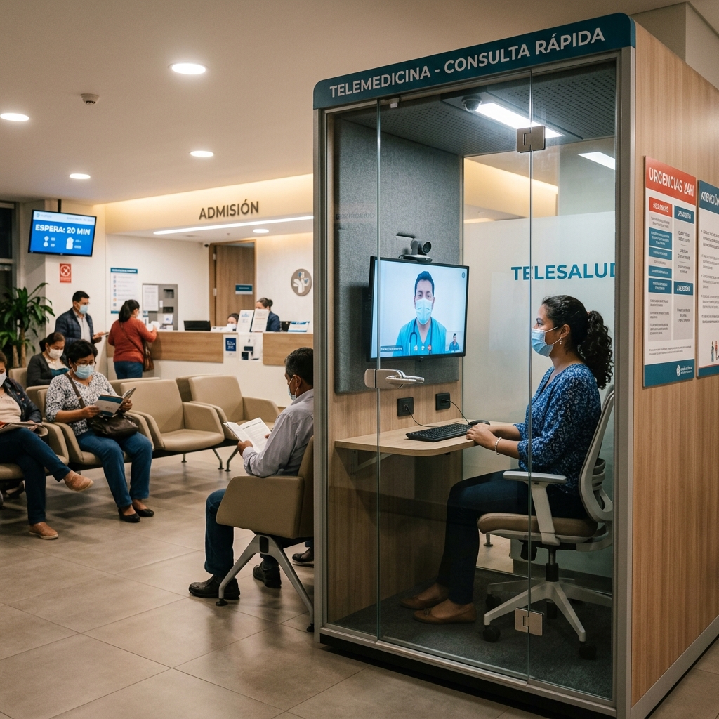 Paciente peruana usando box de telemedicina Tsana en sala de espera
